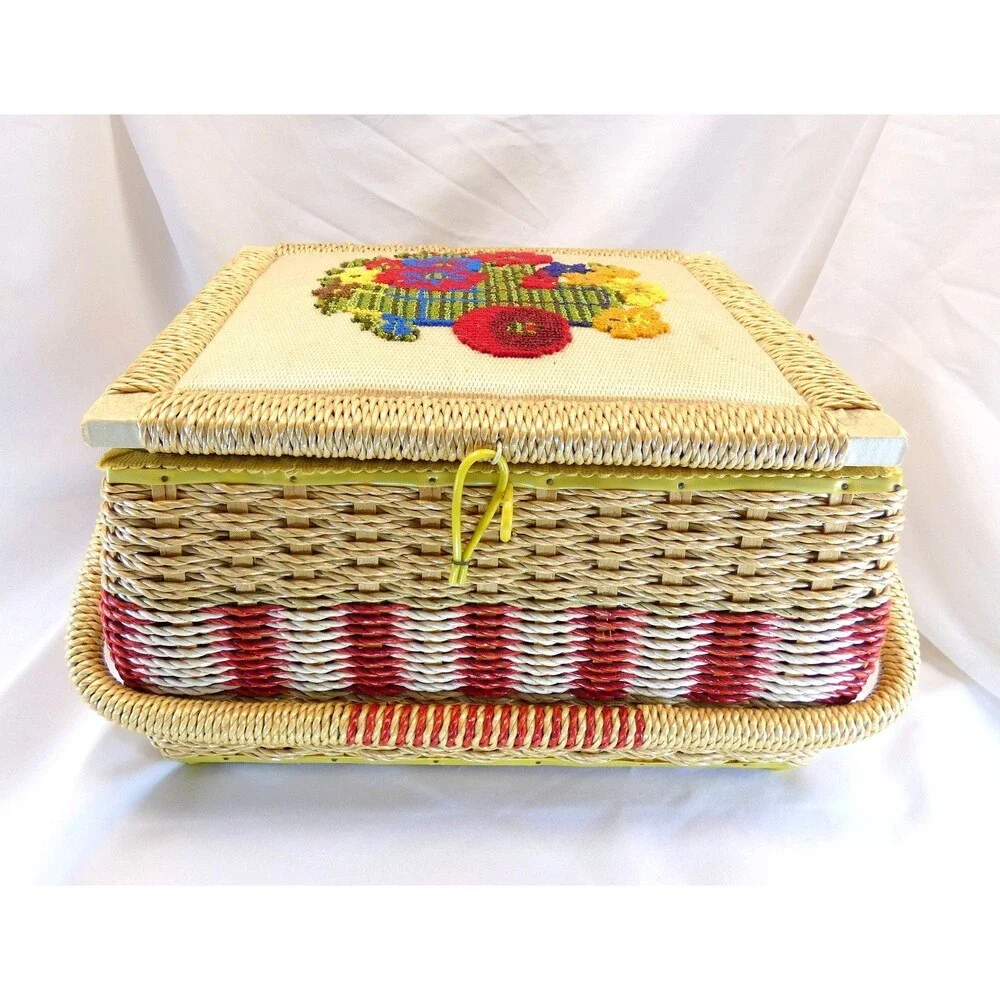 VTg  Embroidery Floral Top Sewing Basket with Insert JCPenney Yellow